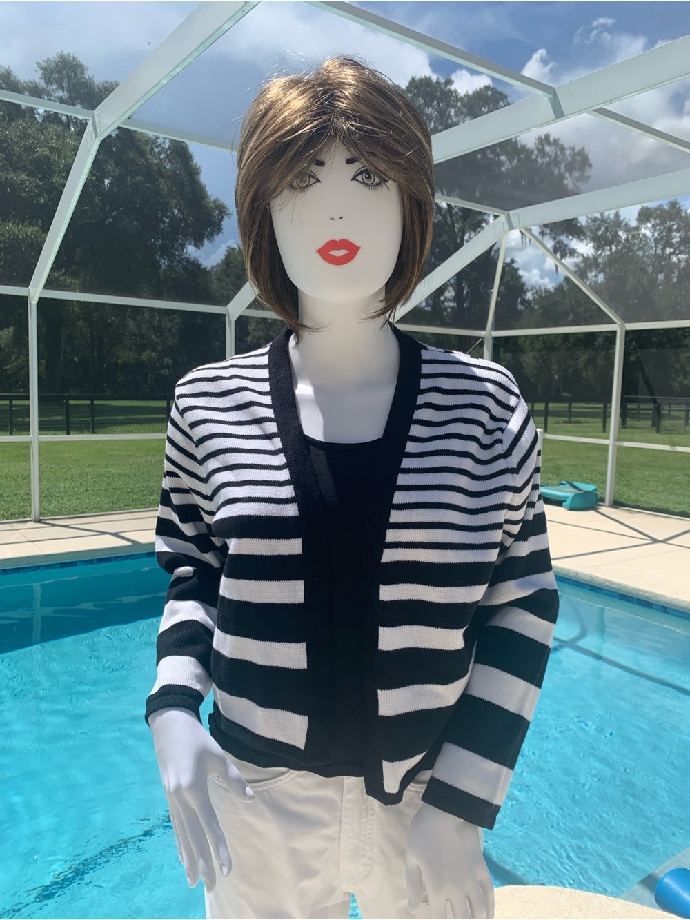 Calvin Klein Women's Black and White Striped Cardigan